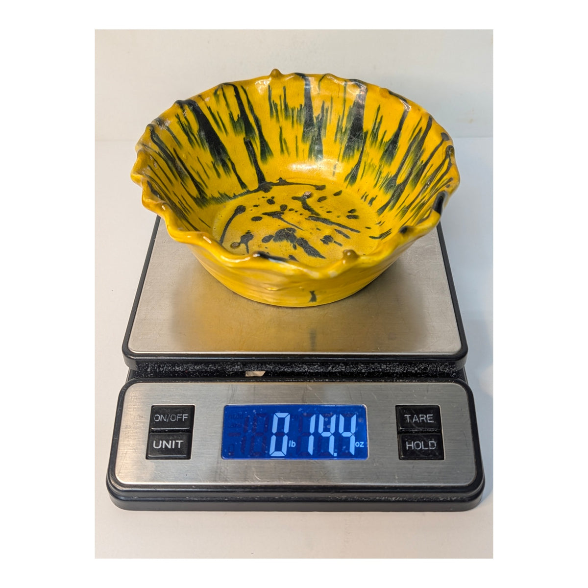 Abstract Yellow & Black Studio Art Pottery Bowl Ruffled Rim MCM