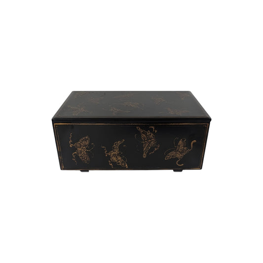Vintage Chinoiserie Black Lacquer Box with Gilt Butterflies