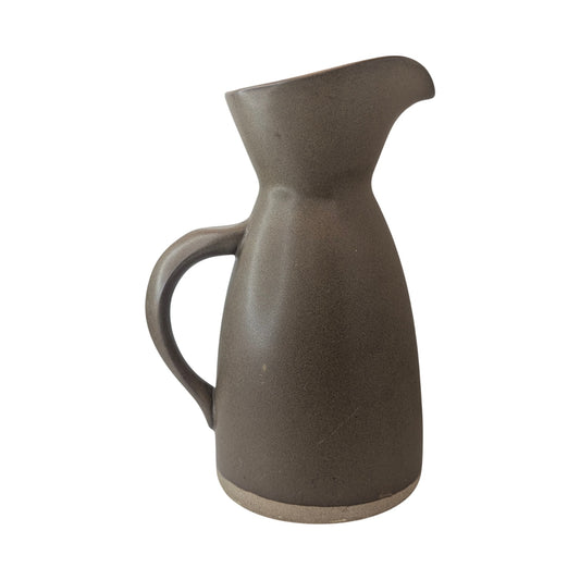 Vintage 70s Studio Art Pottery Pitcher Matte Taupe Glaze Signed Carafe 9.75in
