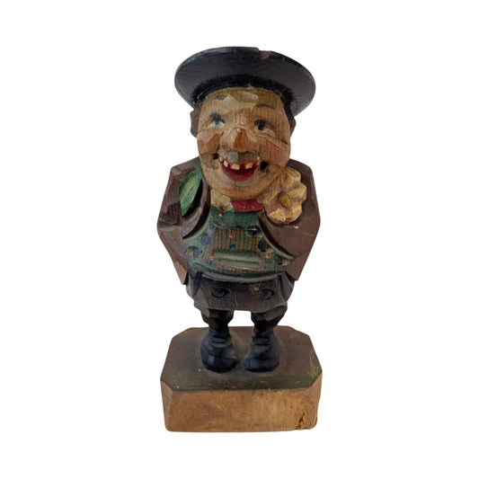 Vintage Hand Carved Bavarian Man Wood Figurine, Mid-Century Folk Art