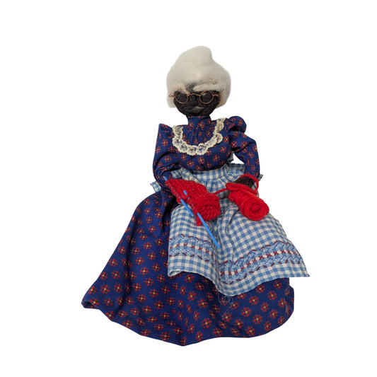 Vintage Folk Art Apple Head Grandma Doll w/ Knitting