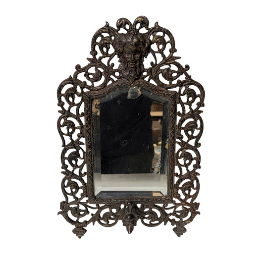 Antique Baroque Satyr Face Ornate Cast Metal Vanity Mirror