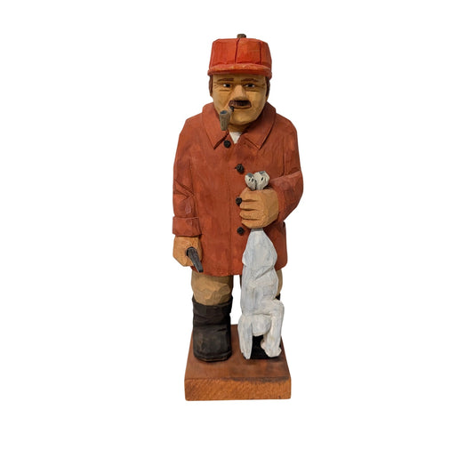 Vintage 1980 Pete Trygg Folk Art Wood Carving Hunter with Rabbit Statue